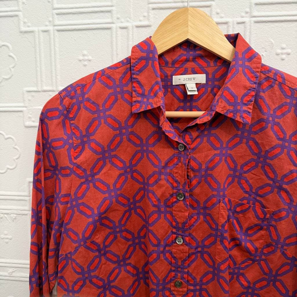J.Crew Womens Size 10 Cotton Button Down Shirt Red Purple Geometric Print Top