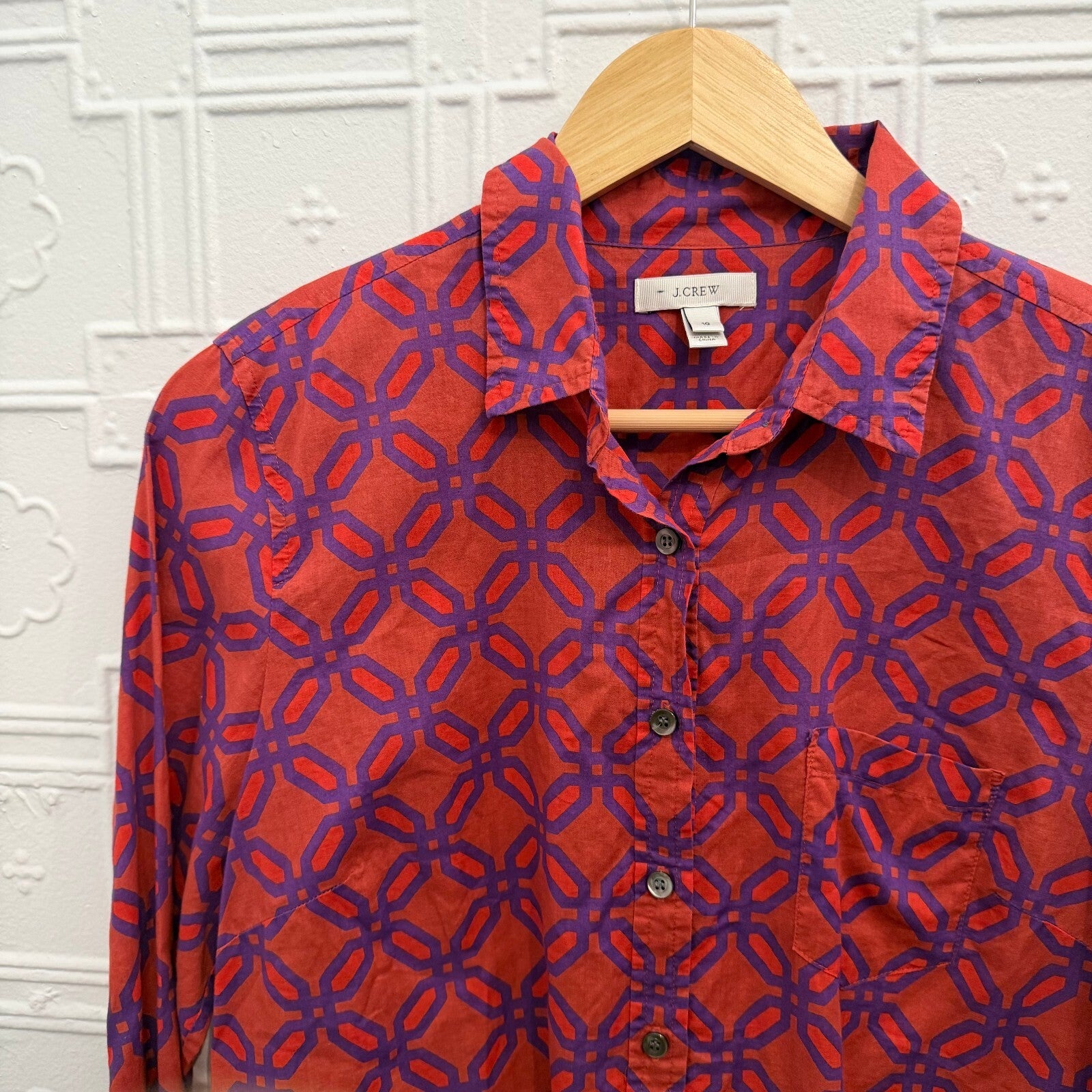 J.Crew Womens Size 10 Cotton Button Down Shirt Red Purple Geometric Print Top