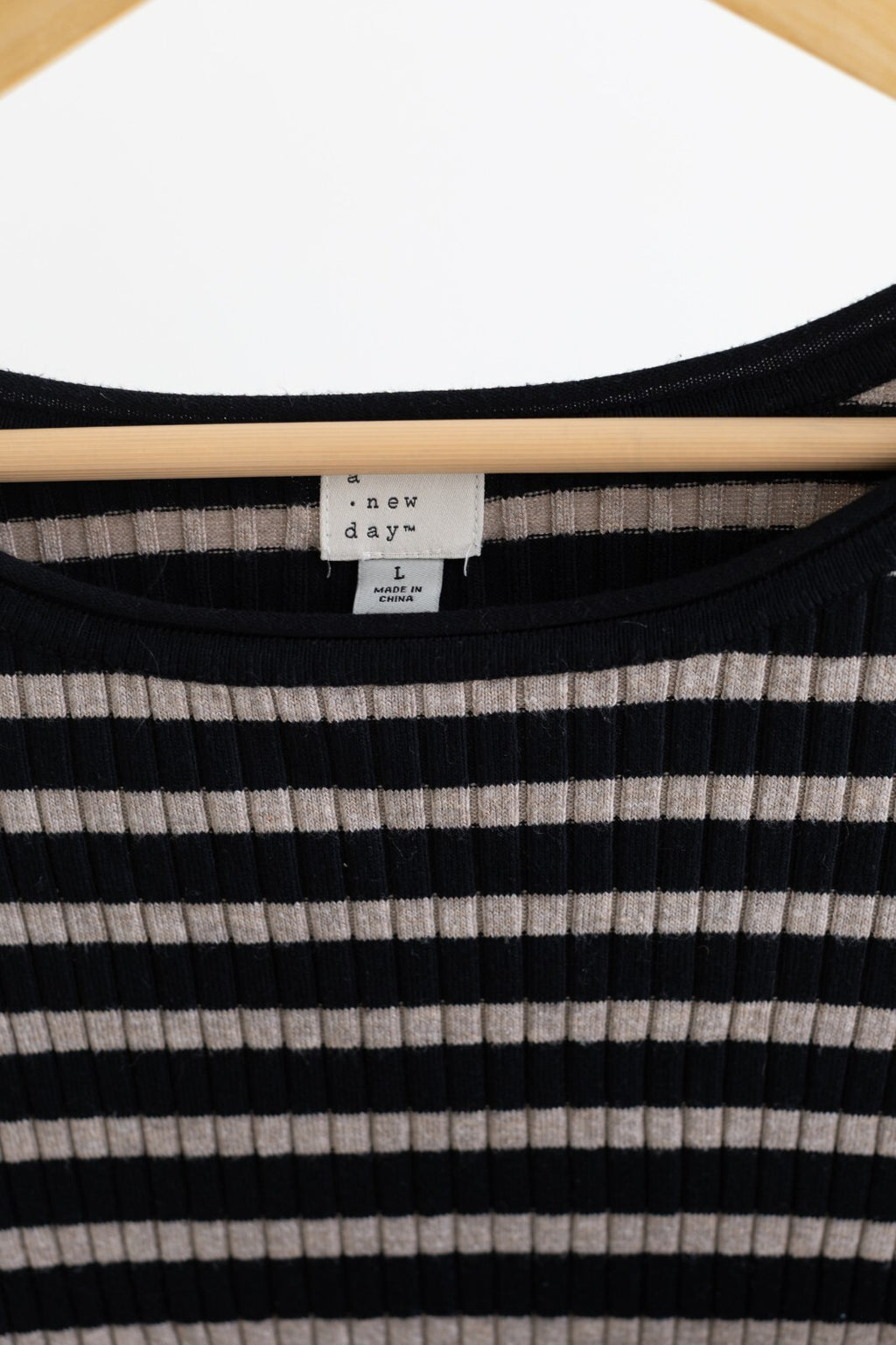 A New Day Striped Ribbed Long Sleeve Top Large Black Beige Scoop Neck