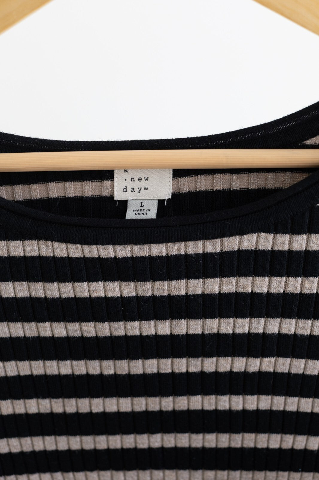 A New Day Striped Ribbed Long Sleeve Top Large Black Beige Scoop Neck