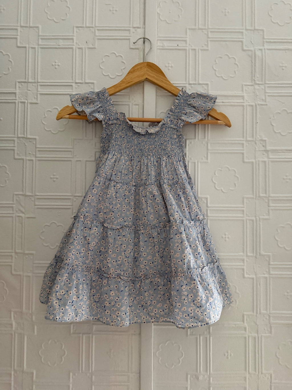 Quince Toddler Girl Organic Cotton Smocked Tiered Floral Dress Blue 3T