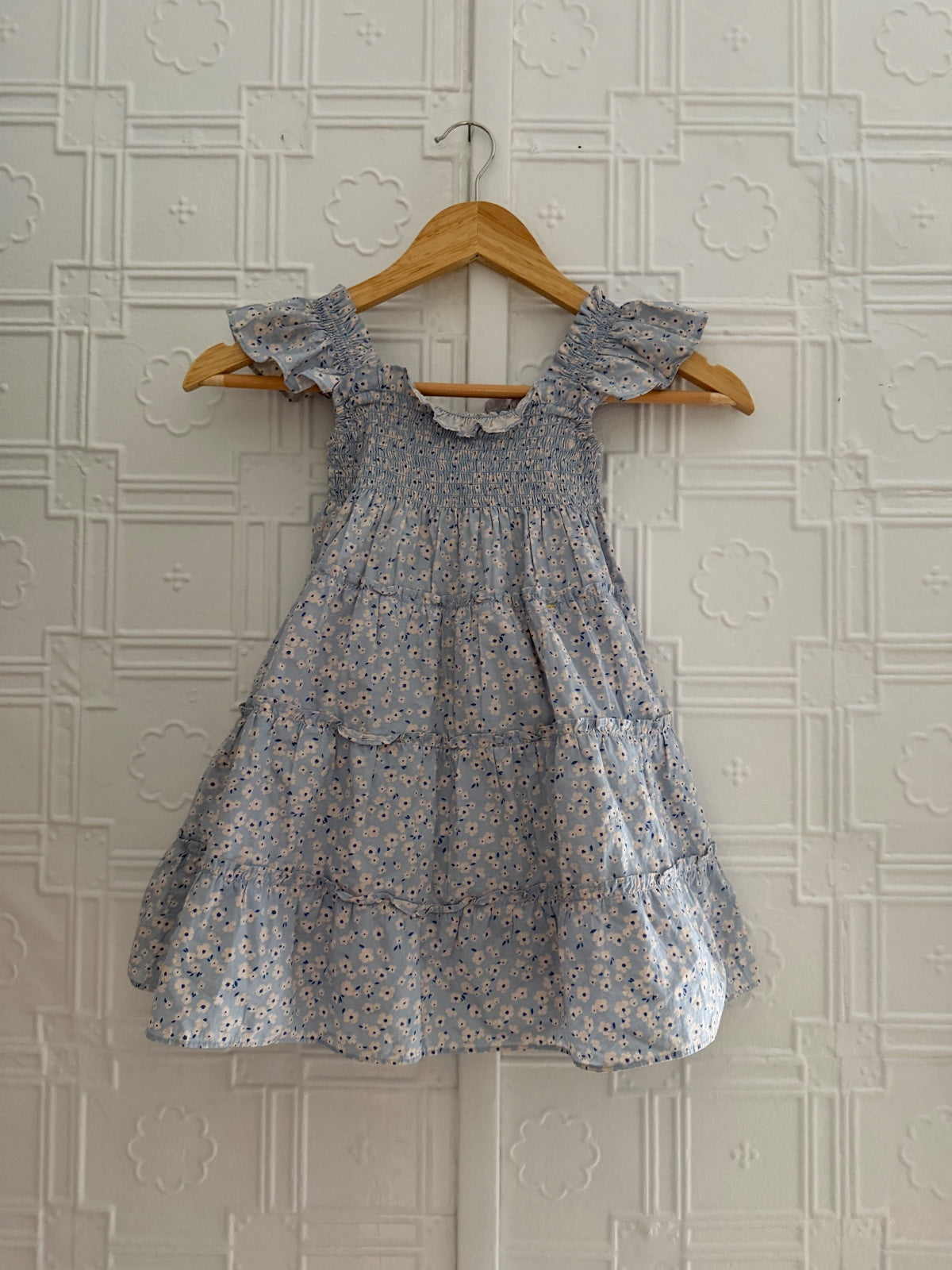 Quince Toddler Girl Organic Cotton Smocked Tiered Floral Dress Blue 3T