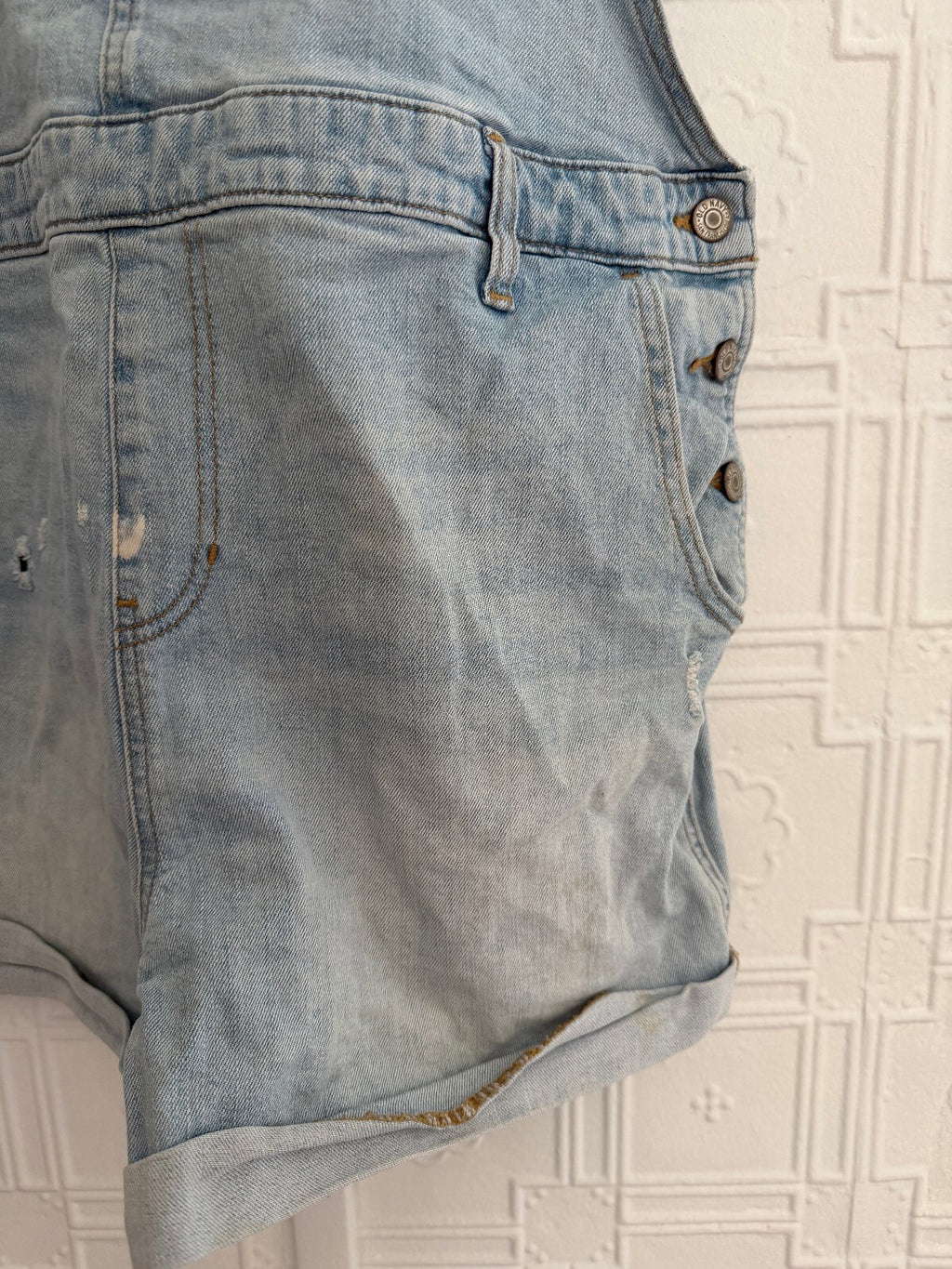 Old Navy Denim Shorteralls ME Marina Light Wash Distressed Jean Overalls XL