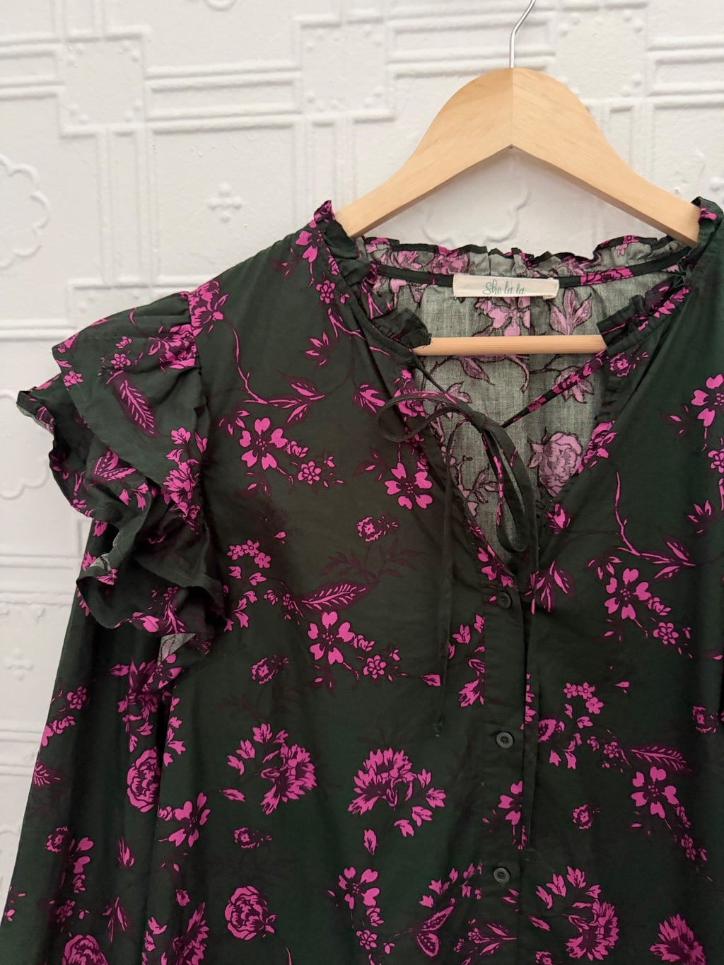 She La La Dark Gray Green & Purple Floral Ruffle Mini Dress Cotton Size M