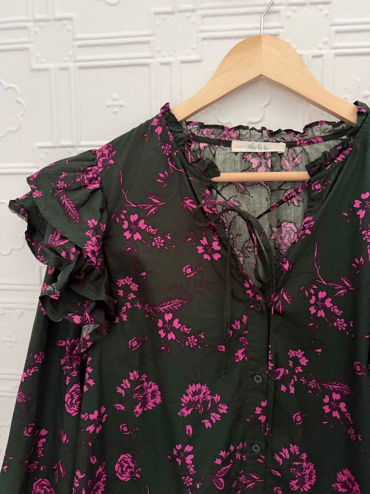 She La La Dark Gray Green & Purple Floral Ruffle Mini Dress Cotton Size M