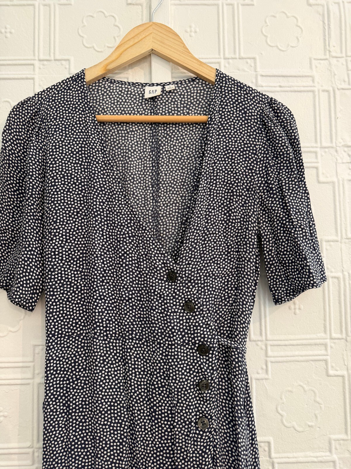 GAP Navy Blue Polka Dot Side Button Wrap Midi Dress S