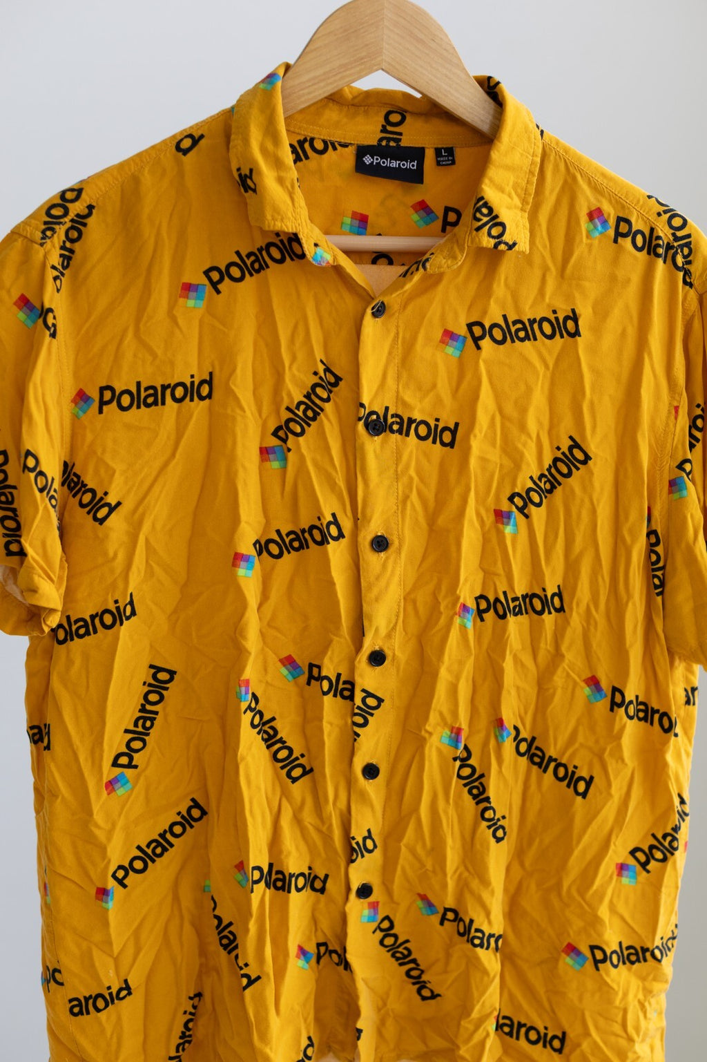 Polaroid Mens Large Yellow All Over Logo Short Sleeve Button Down Shirt Retro