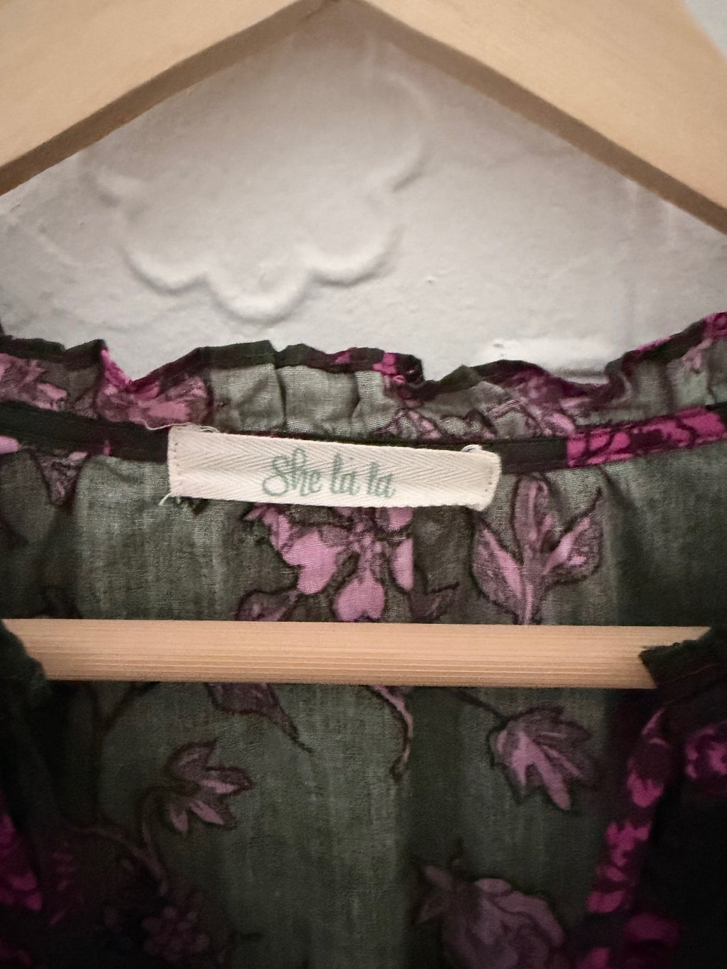 She La La Dark Gray Green & Purple Floral Ruffle Mini Dress Cotton Size M