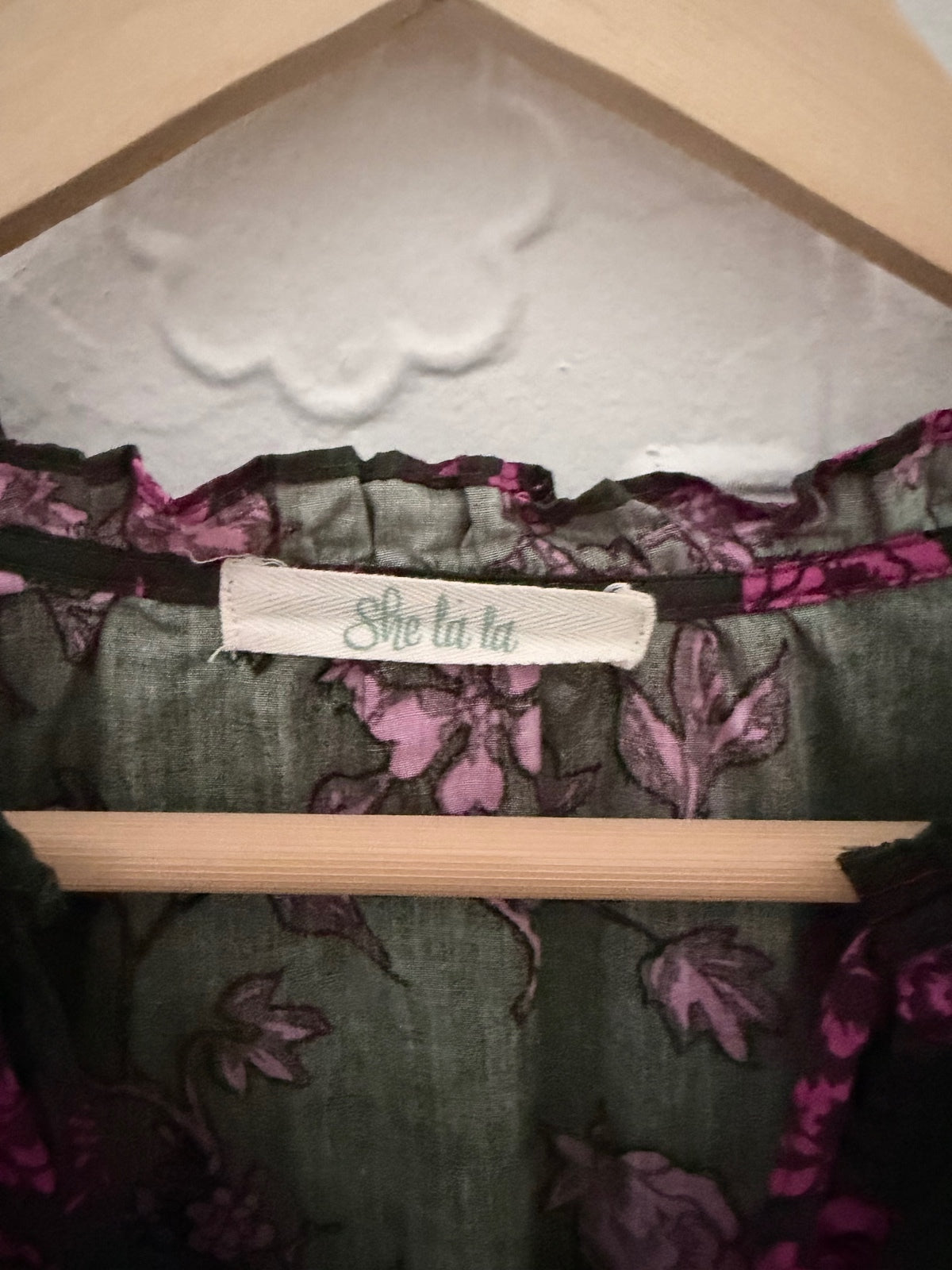 She La La Dark Gray Green & Purple Floral Ruffle Mini Dress Cotton Size M