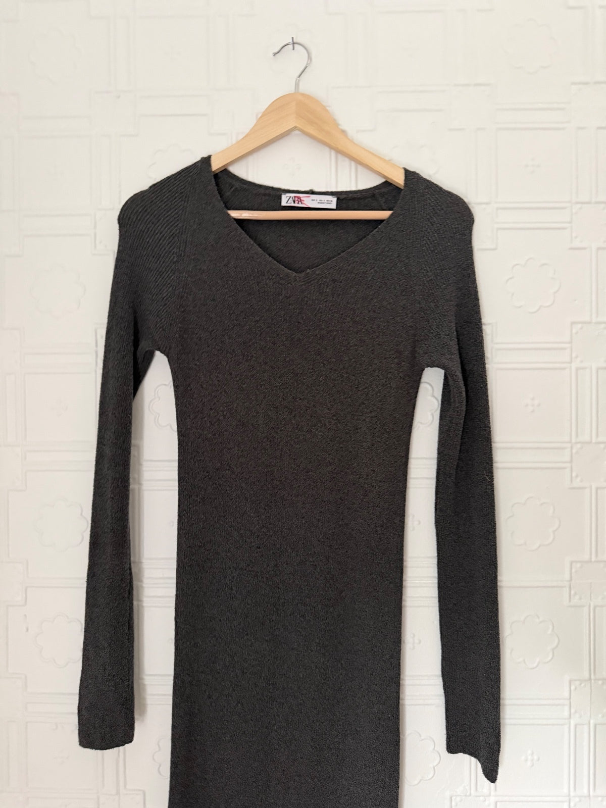Zara Grey Knit V-Neck Long Sleeve Maxi Midi Dress Small Bodycon