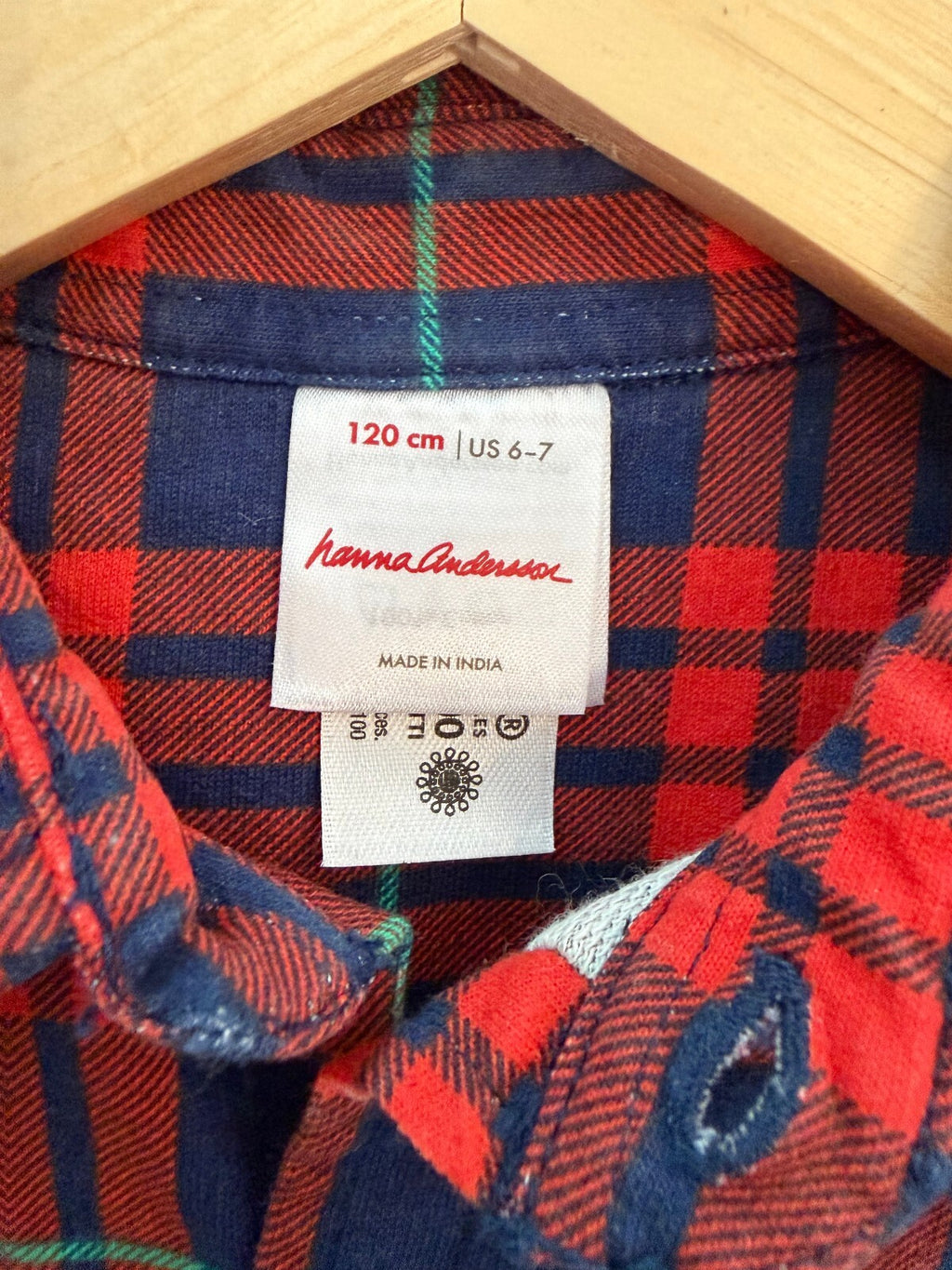 Hanna Andersson Kids Flannel Plaid Button Down Shirt Red Blue 120cm US 6-7