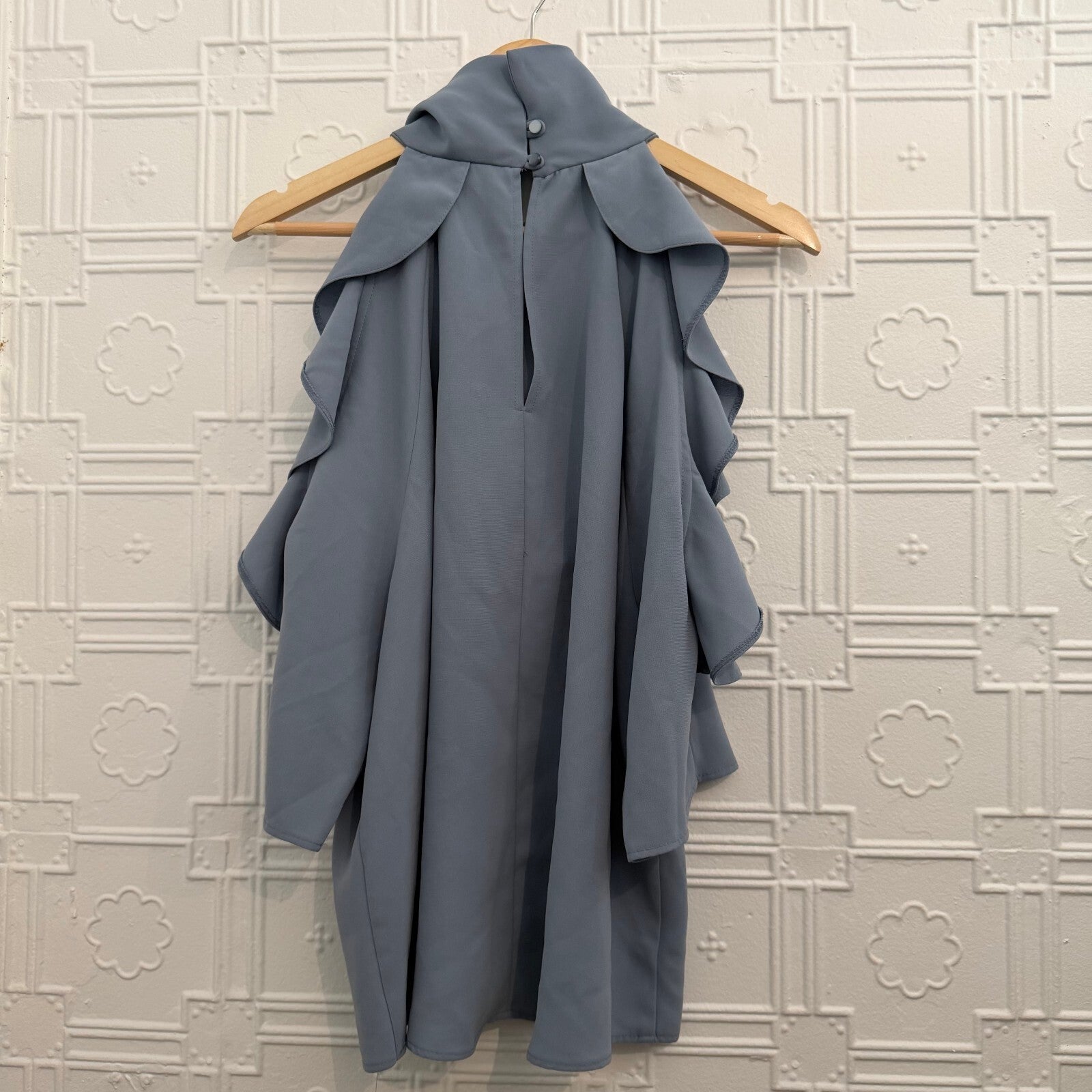Topshop Slate Blue Cold Shoulder Ruffle Blouse Mock Neck Top Sz 12