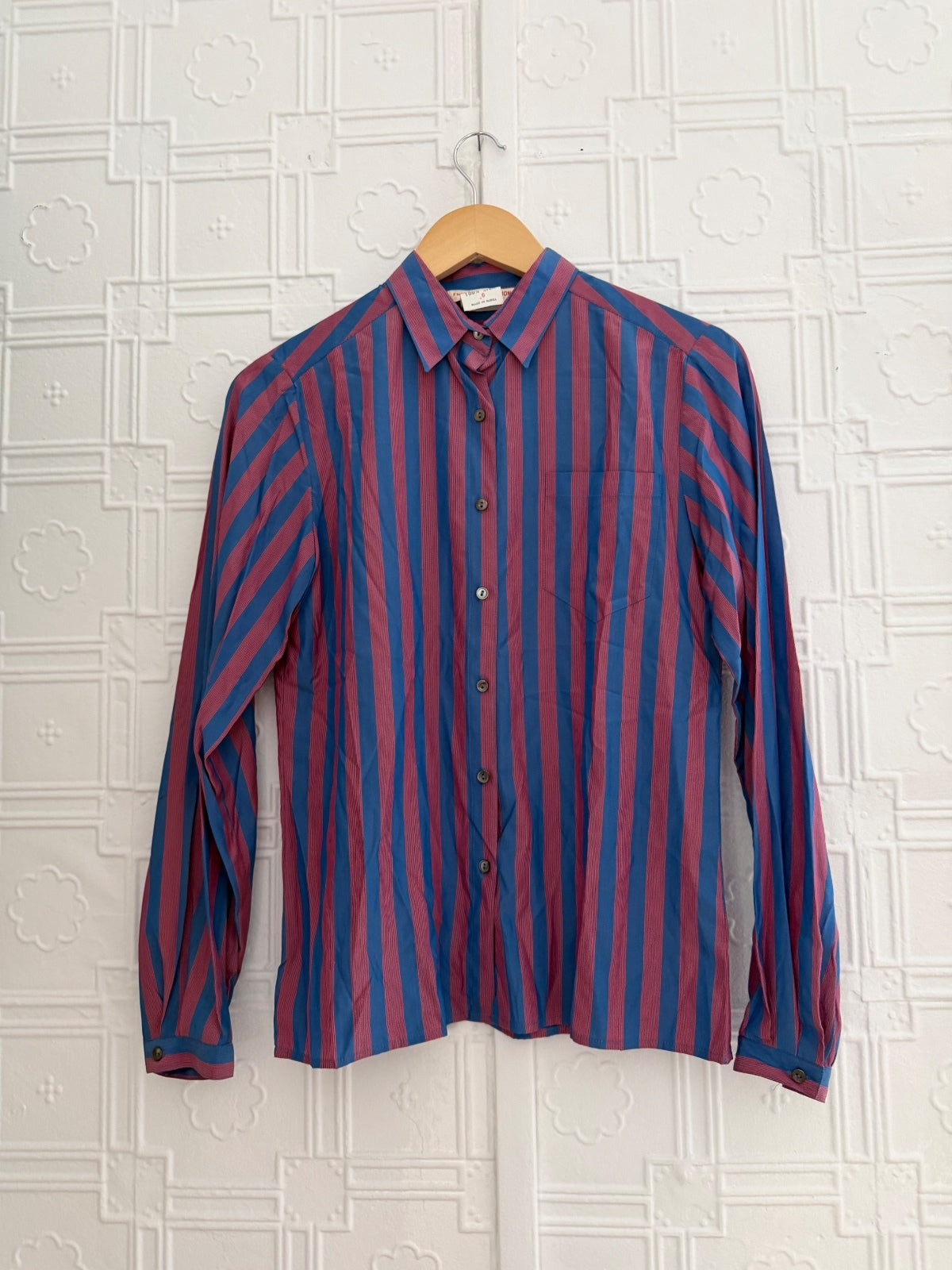 French Connection Vintage 100% Silk Striped Button Down Blouse Blue Red Size 6