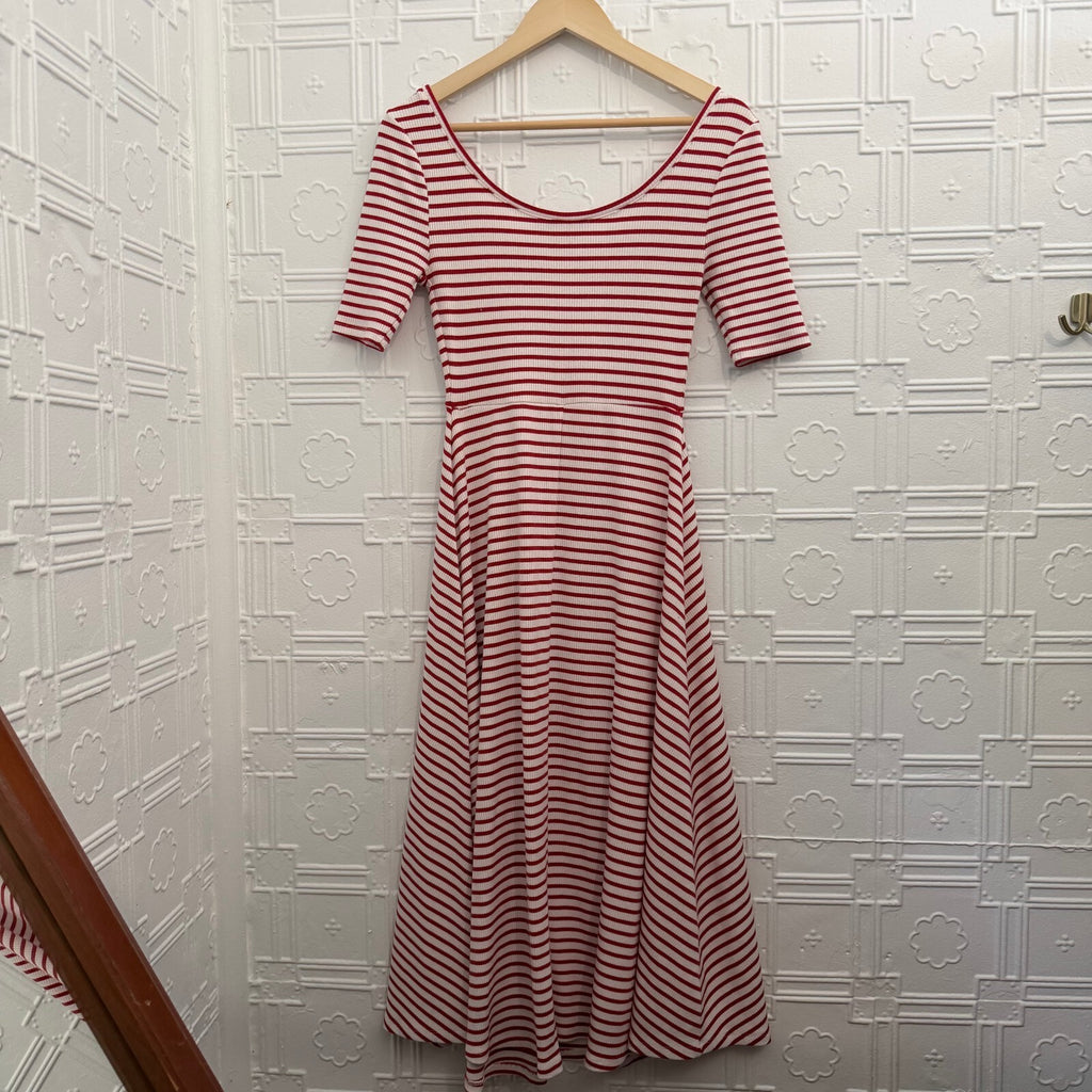 HATCH Striped Ribbed Scoop Neck Midi Dress Red White Stretch Size S