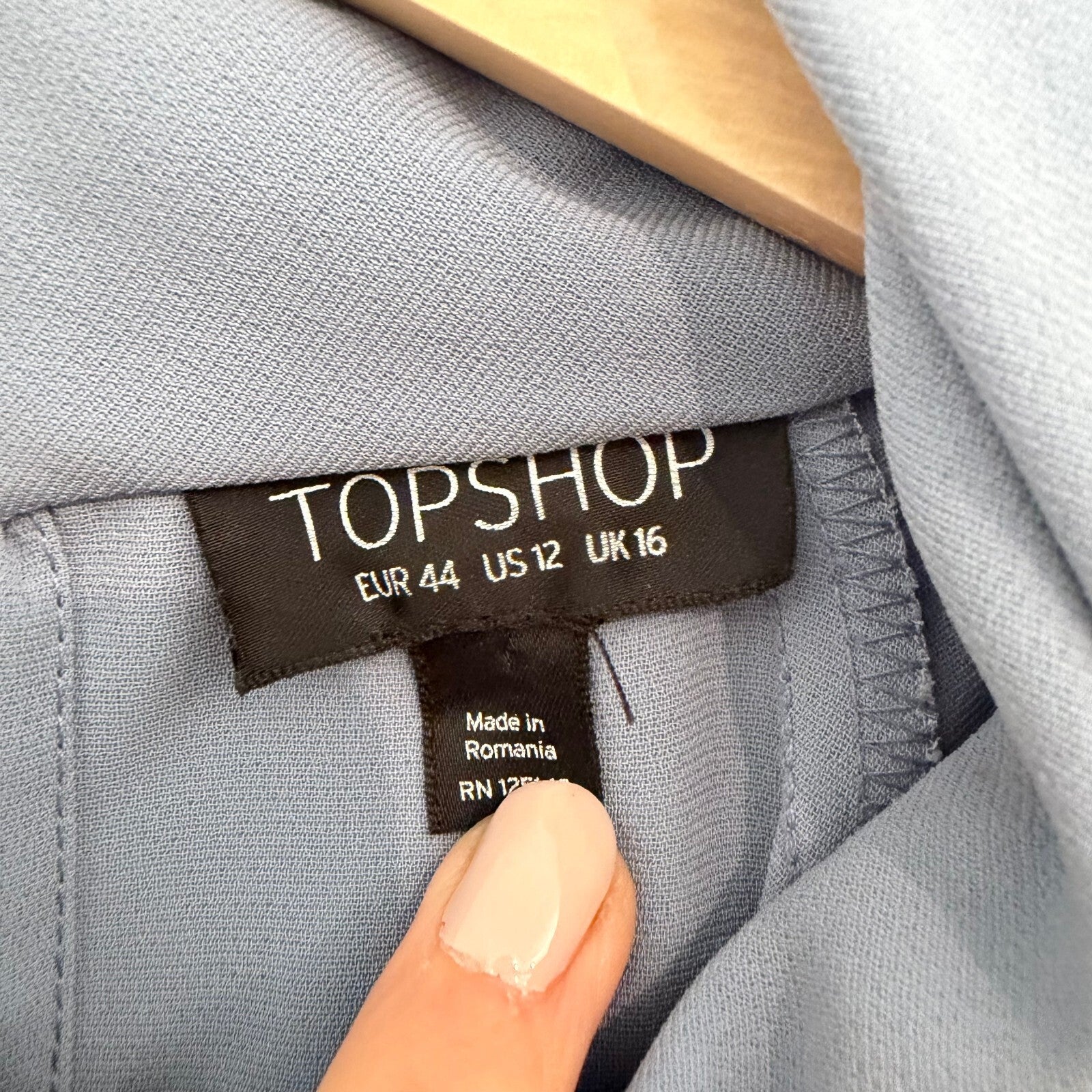 Topshop Slate Blue Cold Shoulder Ruffle Blouse Mock Neck Top Sz 12