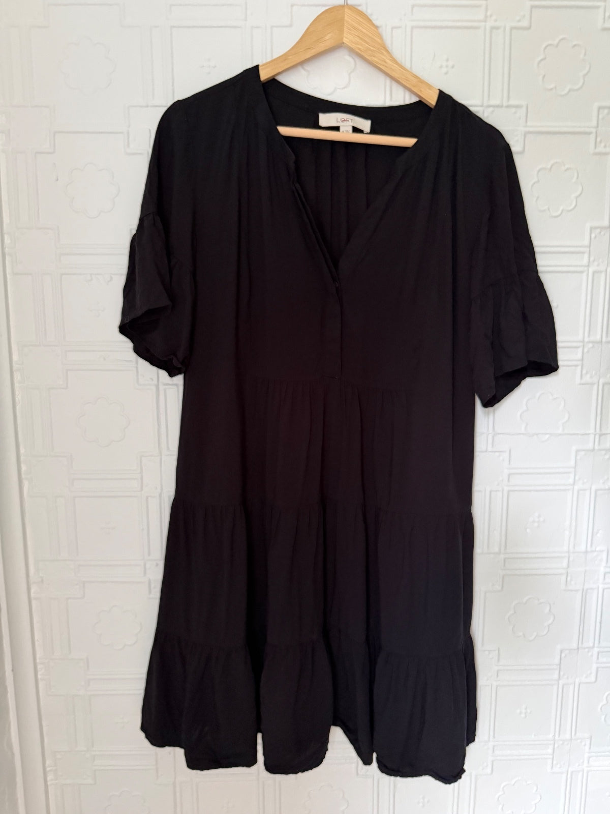 LOFT Black Tiered V-Neck Flutter Sleeve Mini Swing Dress Size Medium