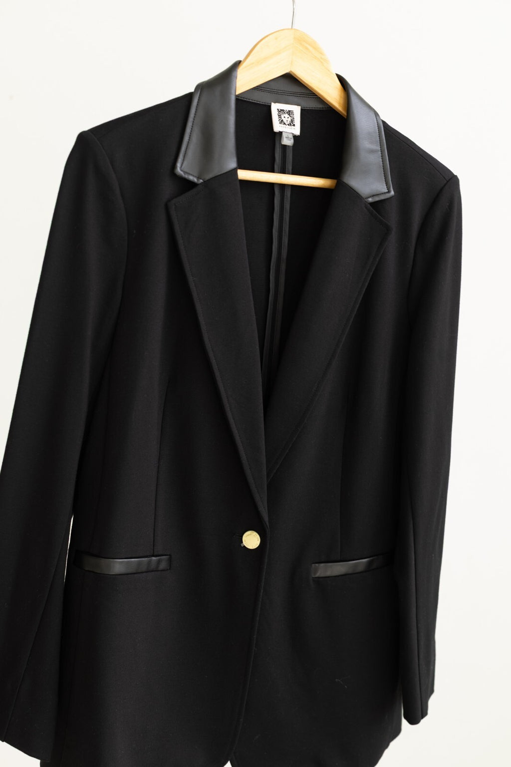 Anne Klein Faux Leather Collar Blazer Jacket Black Sz L