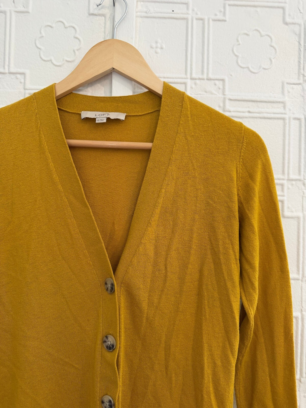 LOFT Mustard Yellow V-Neck Button Cardigan Sweater Wool Blend XS