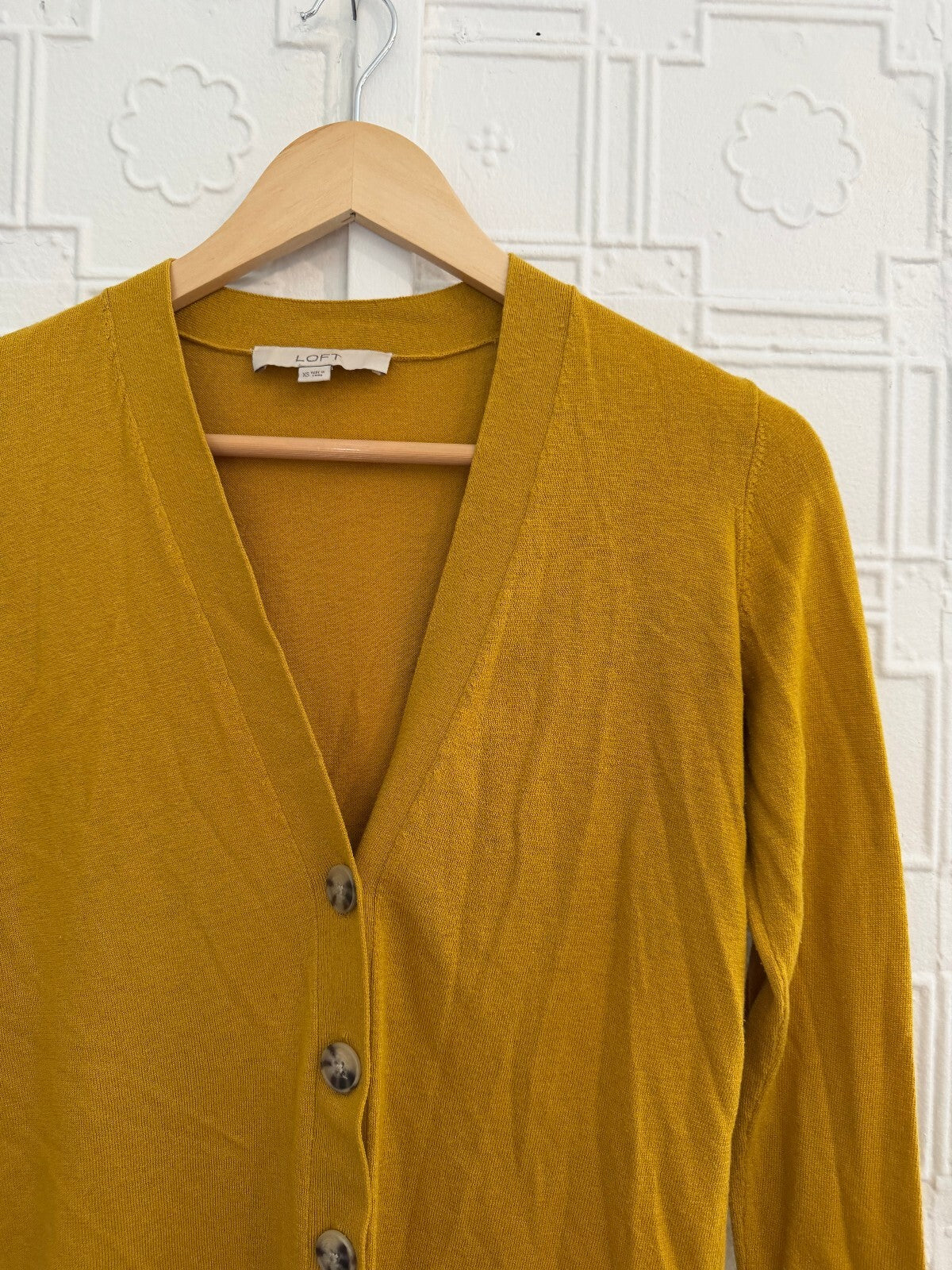 LOFT Mustard Yellow V-Neck Button Cardigan Sweater Wool Blend XS