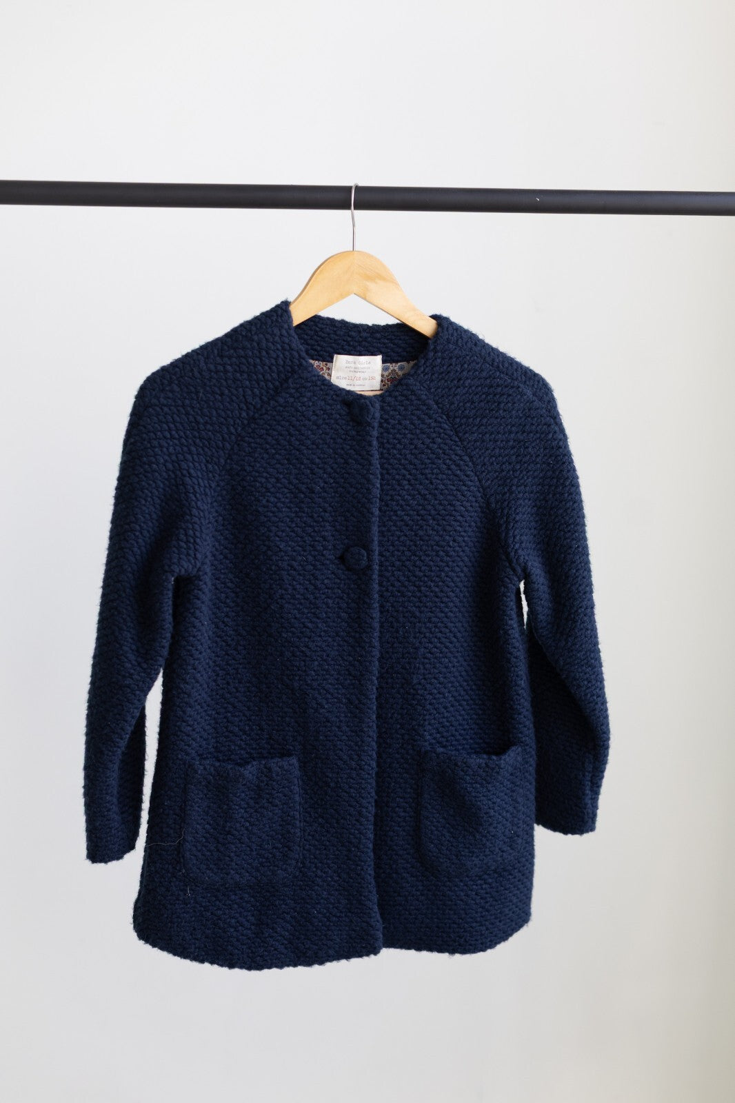 Zara Girls Navy Blue Knit Coat Jacket Floral Lined Size 11/12 152cm