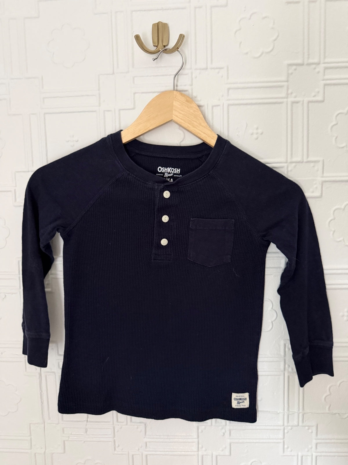 OshKosh B'gosh Boys Navy Blue Waffle Thermal Henley Shirt Size 6/6A