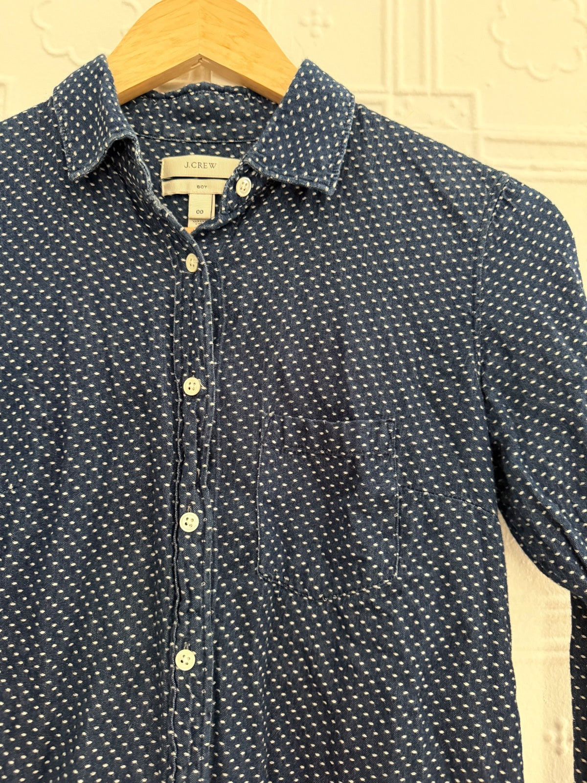 J.Crew Boy Shirt 00 Navy Blue White Polka Dot Cotton Button Down Long Sleeve