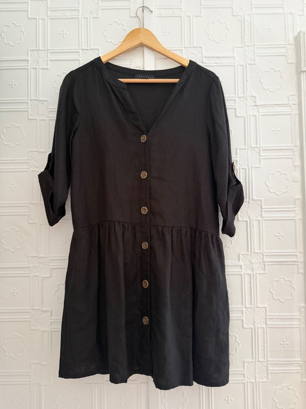 Sanctuary Black 100% Linen Button Front Dress Roll Tab Sleeve XS