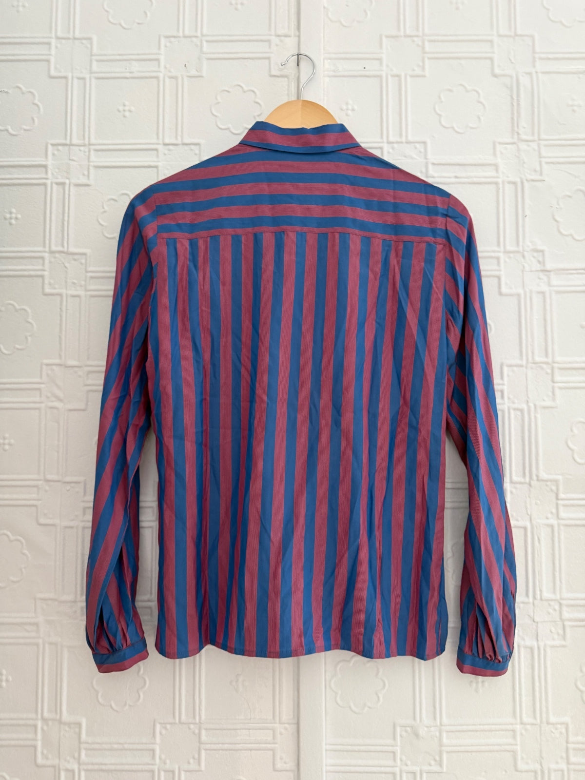 French Connection Vintage 100% Silk Striped Button Down Blouse Blue Red Size 6