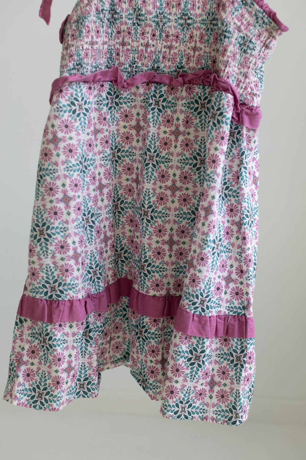 Anthropologie Smocked Floral Linen Blend Dress 2X Pink Tie Straps Ruffle Mini