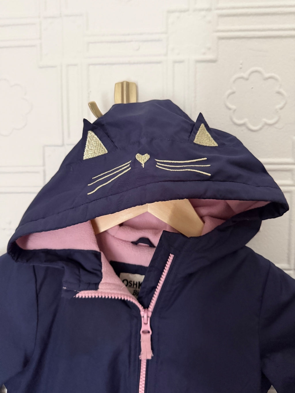OshKosh B'gosh Girls 3T Navy Blue Fleece Lined Kitty Cat Hooded Jacket Coat