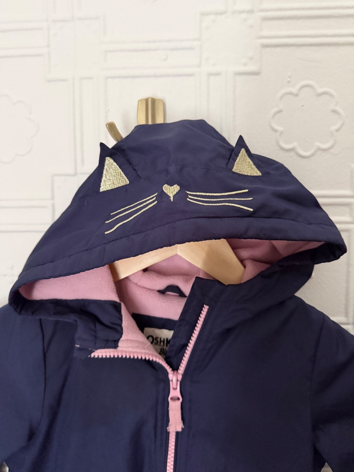 OshKosh B'gosh Girls 3T Navy Blue Fleece Lined Kitty Cat Hooded Jacket Coat