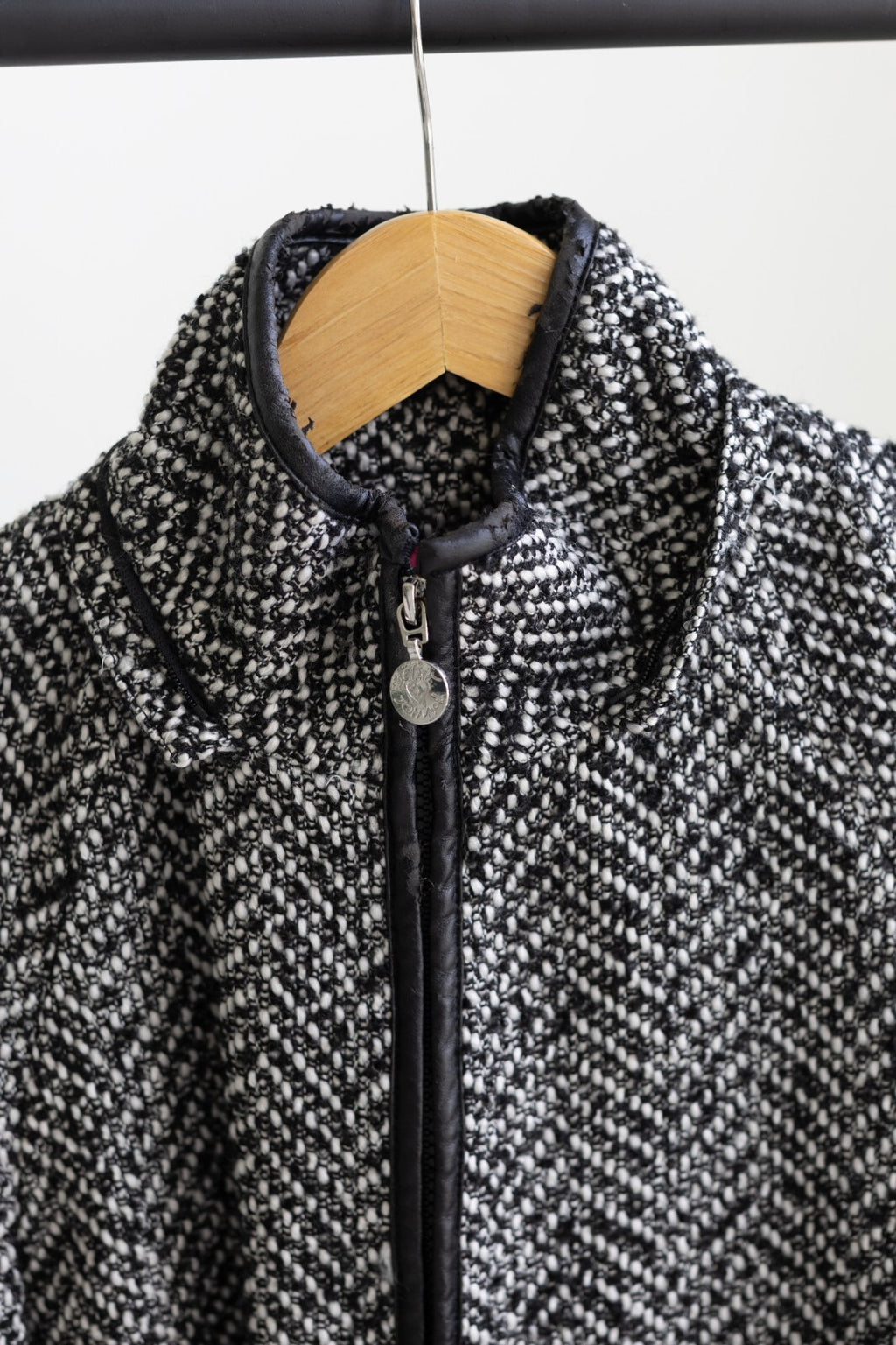 Betsey Johnson Black & White Tweed Herringbone Jacket Faux Leather Trim M