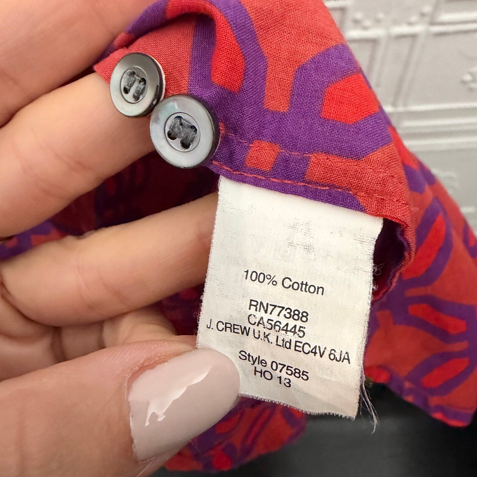 J.Crew Womens Size 10 Cotton Button Down Shirt Red Purple Geometric Print Top