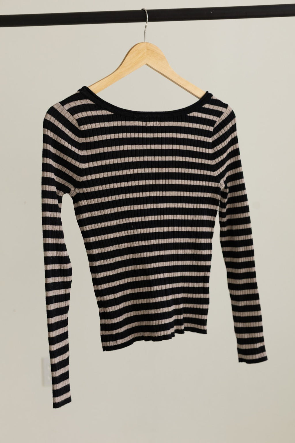 A New Day Striped Ribbed Long Sleeve Top Large Black Beige Scoop Neck