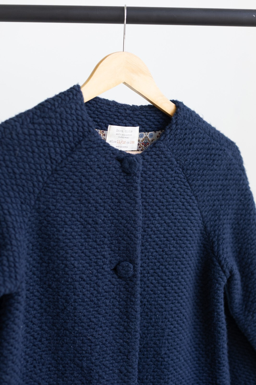 Zara Girls Navy Blue Knit Coat Jacket Floral Lined Size 11/12 152cm