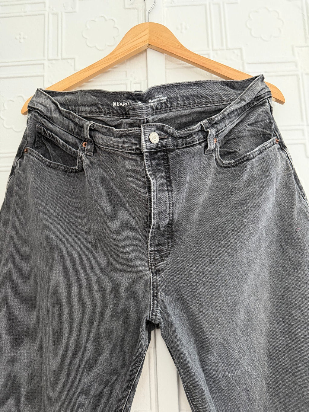 Old Navy High-Rise Slouchy Straight Jeans Grey 14 Tall Raw Hem Button Fly