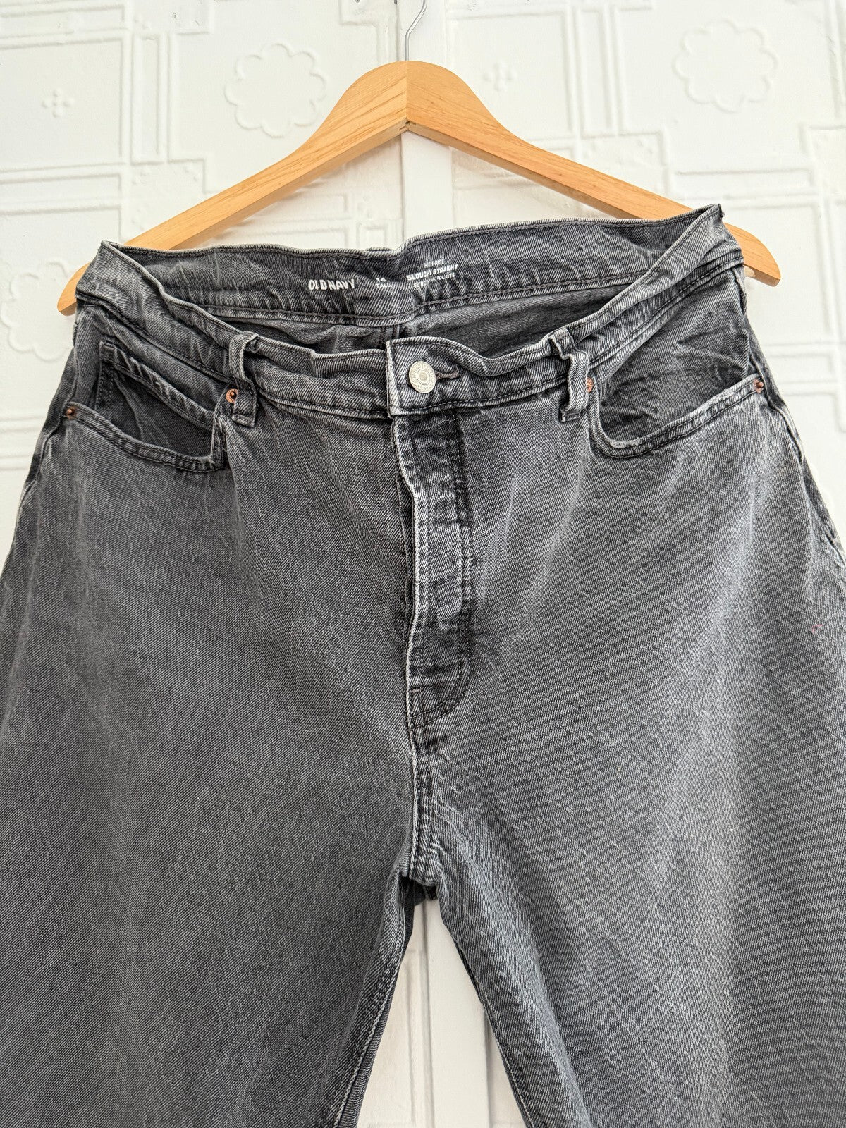 Old Navy High-Rise Slouchy Straight Jeans Grey 14 Tall Raw Hem Button Fly