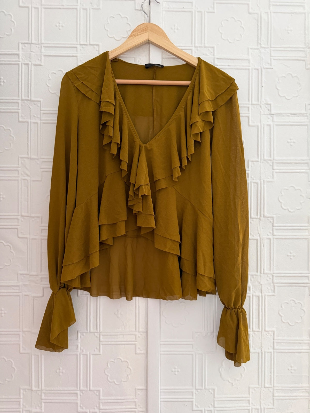 Zara Olive Green Ruffled Flowing V-Neck Blouse Size S Boho Asymmetric