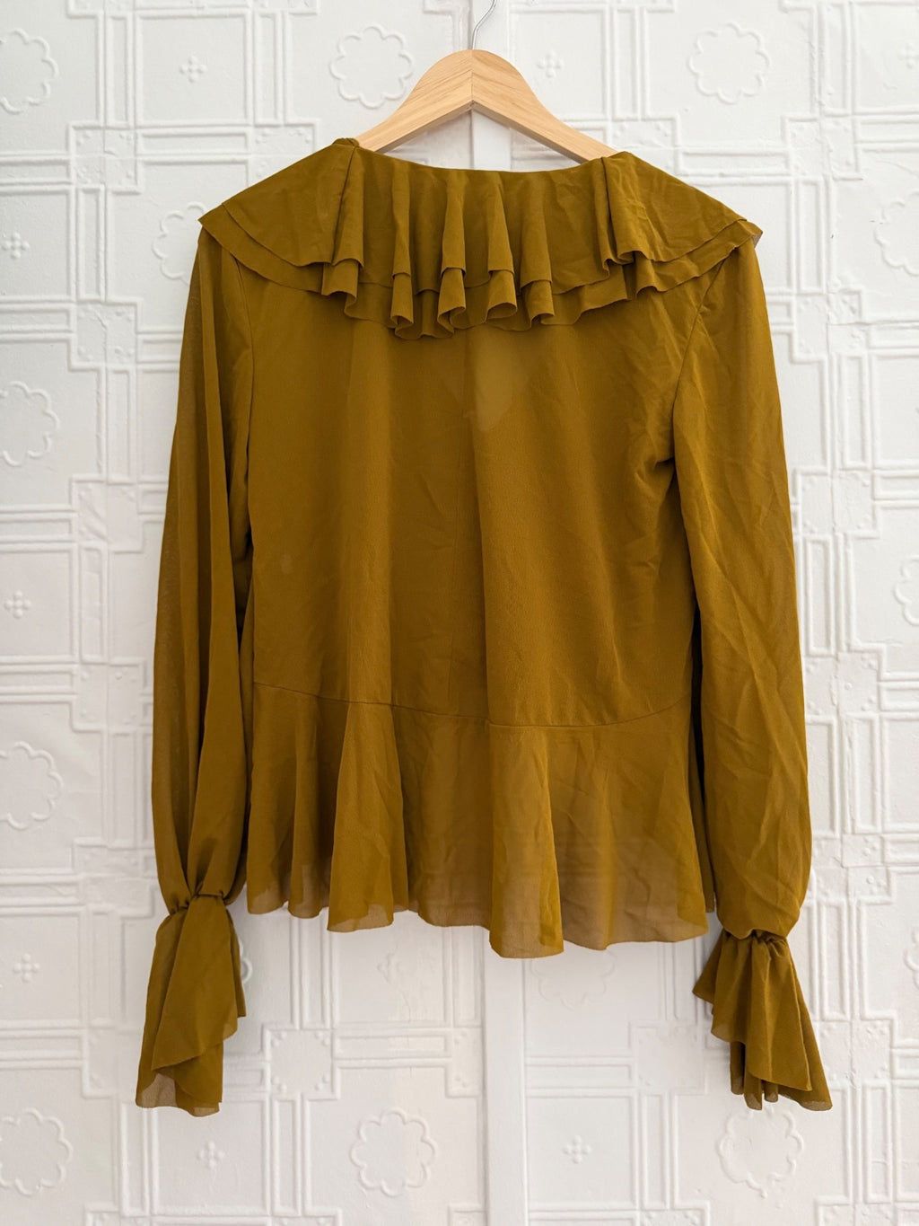 Zara Olive Green Ruffled Flowing V-Neck Blouse Size S Boho Asymmetric