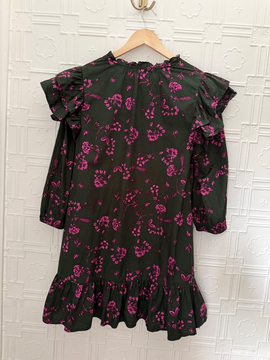 She La La Dark Gray Green & Purple Floral Ruffle Mini Dress Cotton Size M