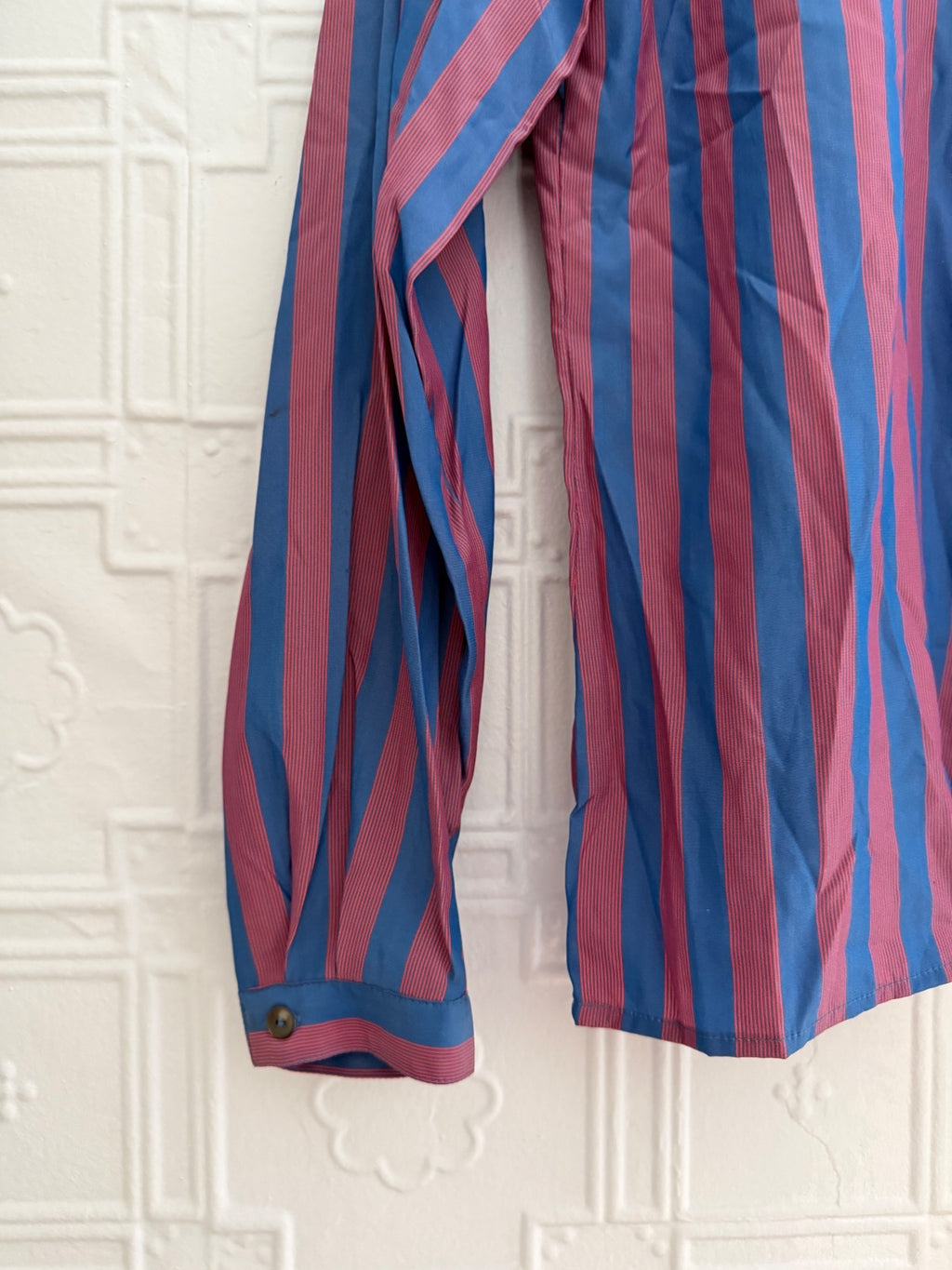 French Connection Vintage 100% Silk Striped Button Down Blouse Blue Red Size 6