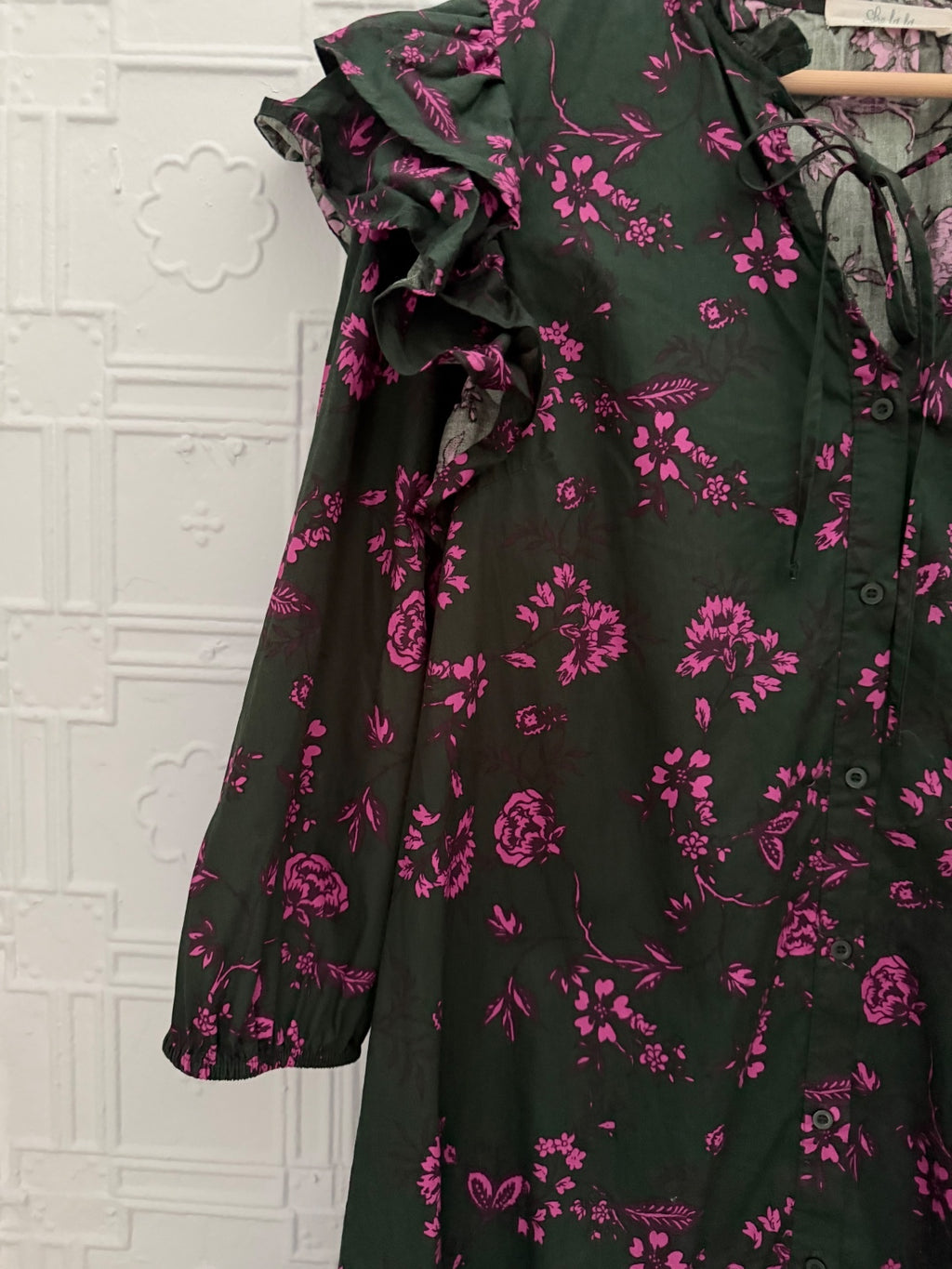 She La La Dark Gray Green & Purple Floral Ruffle Mini Dress Cotton Size M