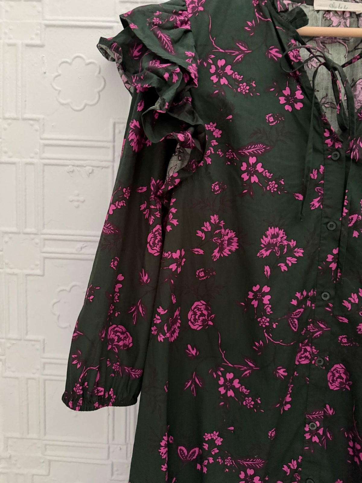 She La La Dark Gray Green & Purple Floral Ruffle Mini Dress Cotton Size M