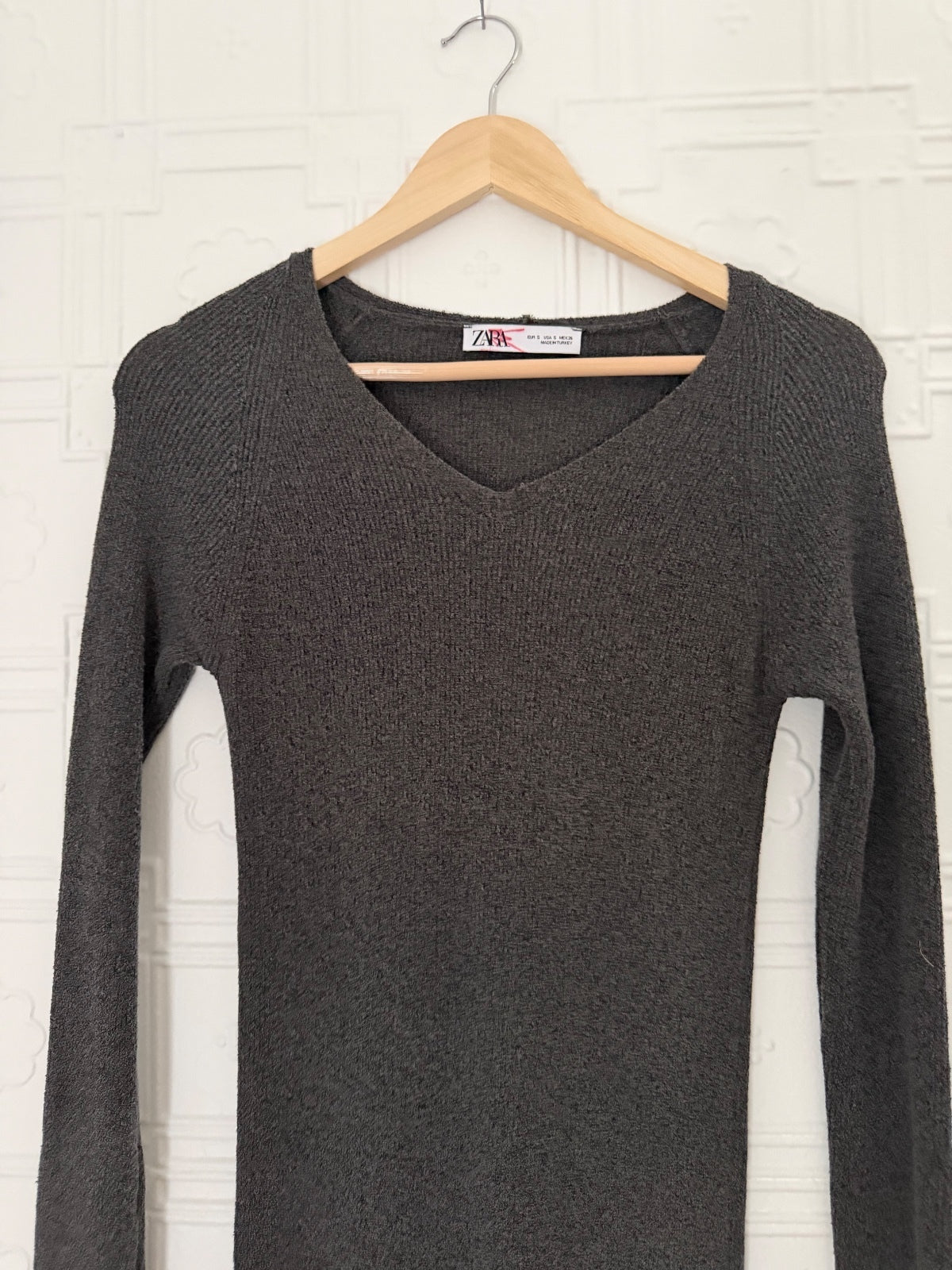 Zara Grey Knit V-Neck Long Sleeve Maxi Midi Dress Small Bodycon