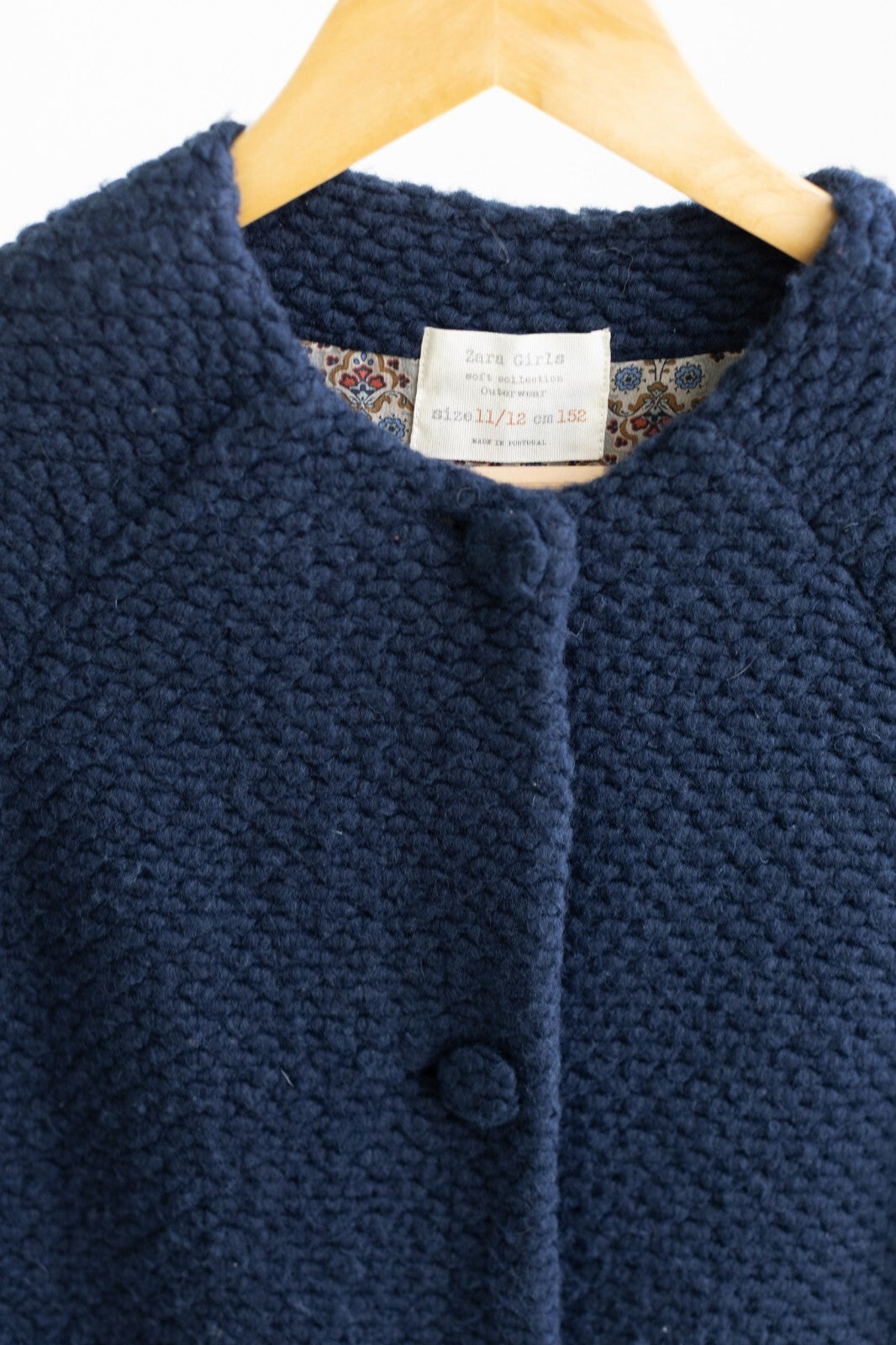 Zara Girls Navy Blue Knit Coat Jacket Floral Lined Size 11/12 152cm