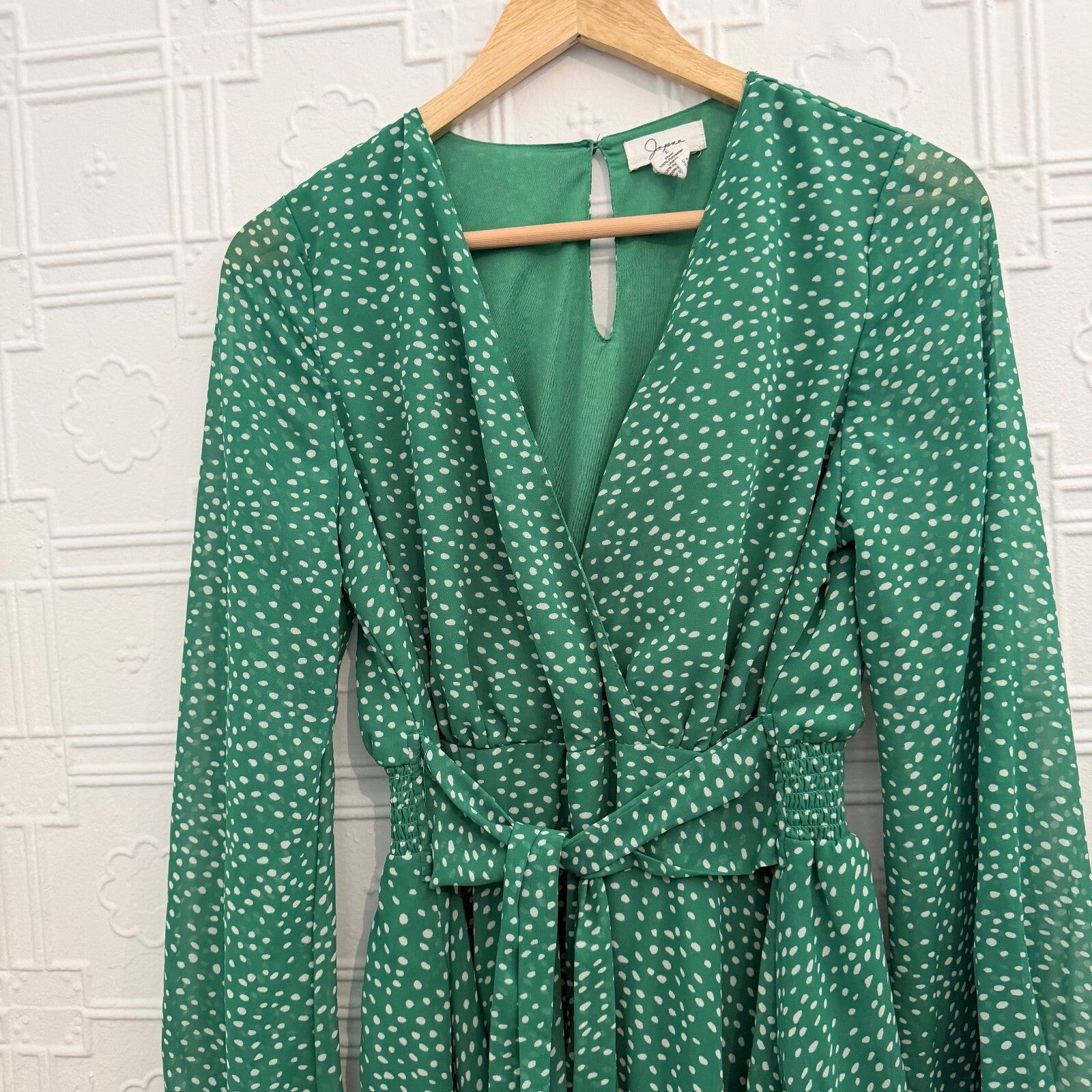 Japna Green Polka Dot Tiered Mini Dress Long Sleeve Size L