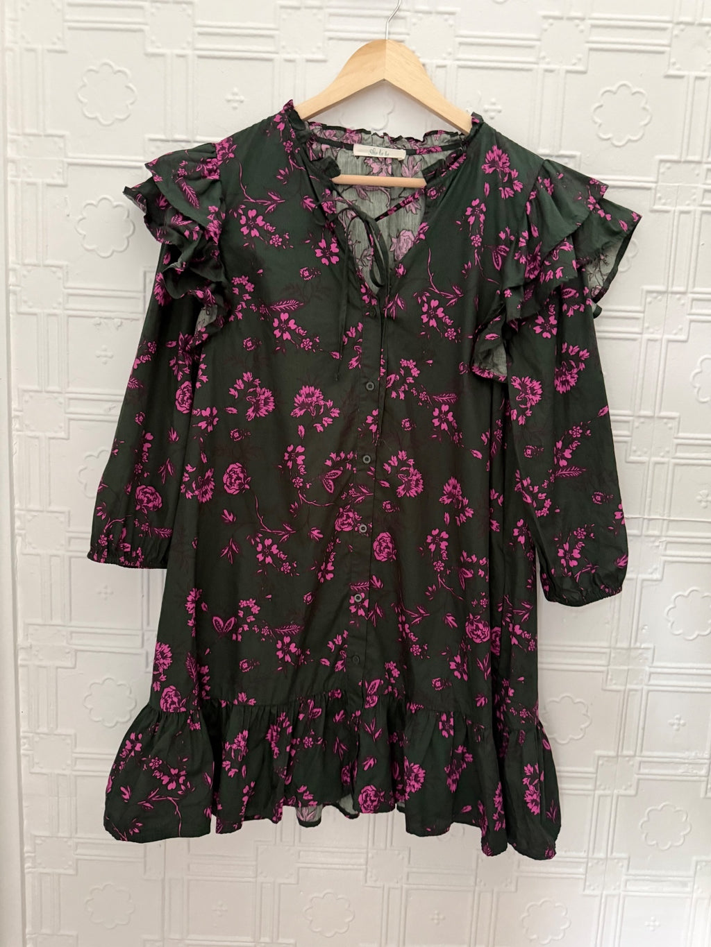 She La La Dark Gray Green & Purple Floral Ruffle Mini Dress Cotton Size M
