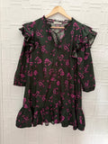 She La La Dark Gray Green & Purple Floral Ruffle Mini Dress Cotton Size M