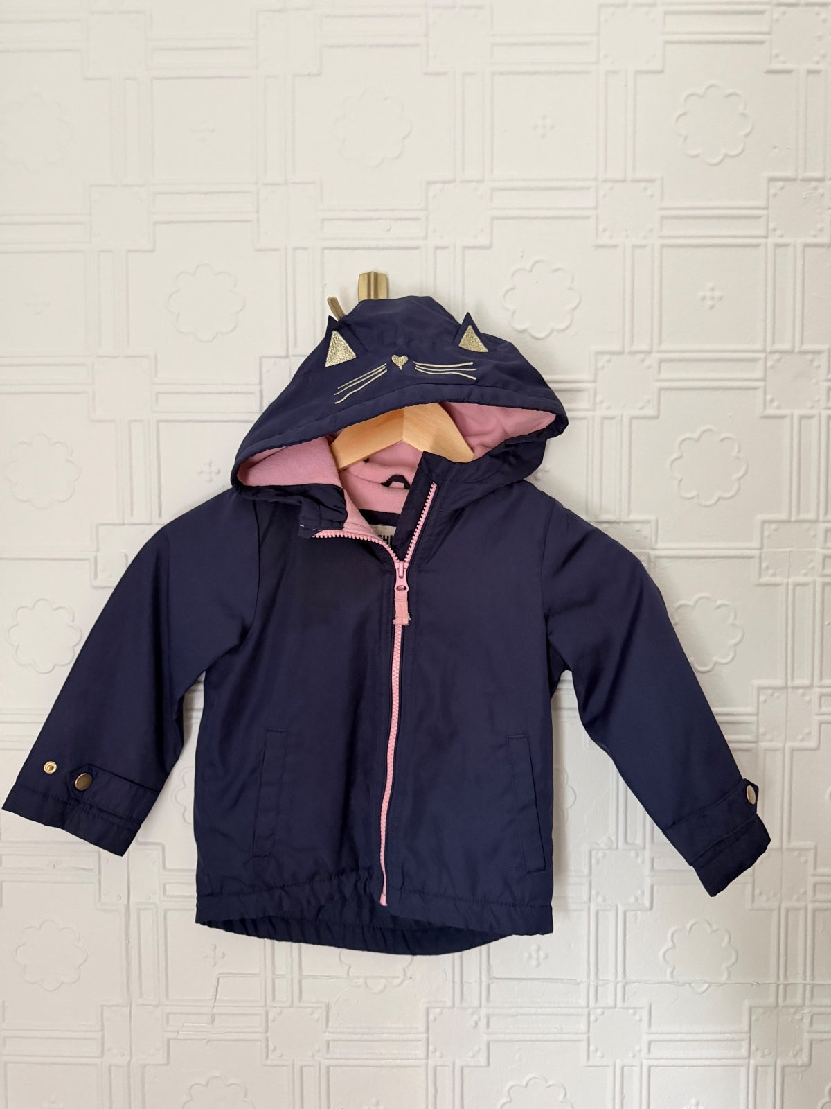 OshKosh B'gosh Girls 3T Navy Blue Fleece Lined Kitty Cat Hooded Jacket Coat