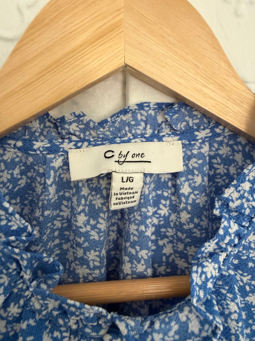 C By One Blue White Floral Tie Front Short Sleeve Blouse L Chiffon Cottagecore